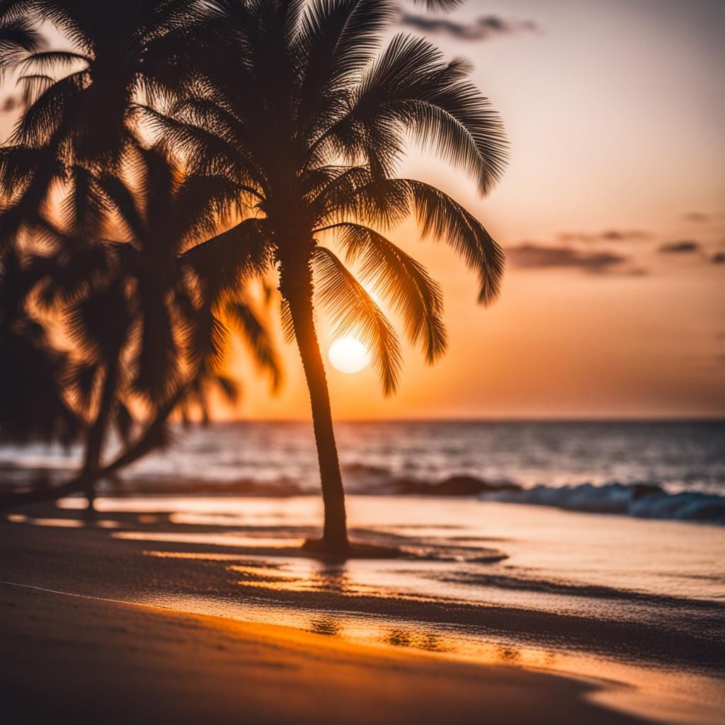 Tropical Beach Sunset with Palm Trees