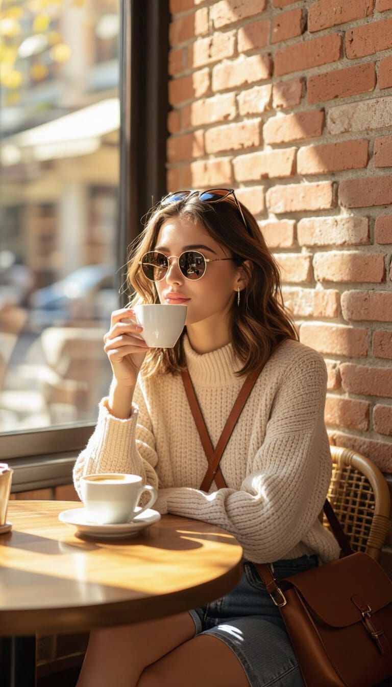 Girl at Cafe: Warm Tones in Film Photography Style