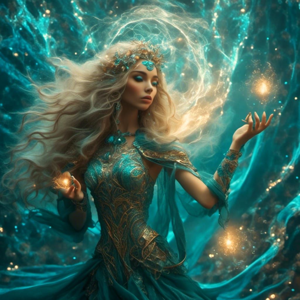 Confident Female Wizard Ascending Electric Staircase