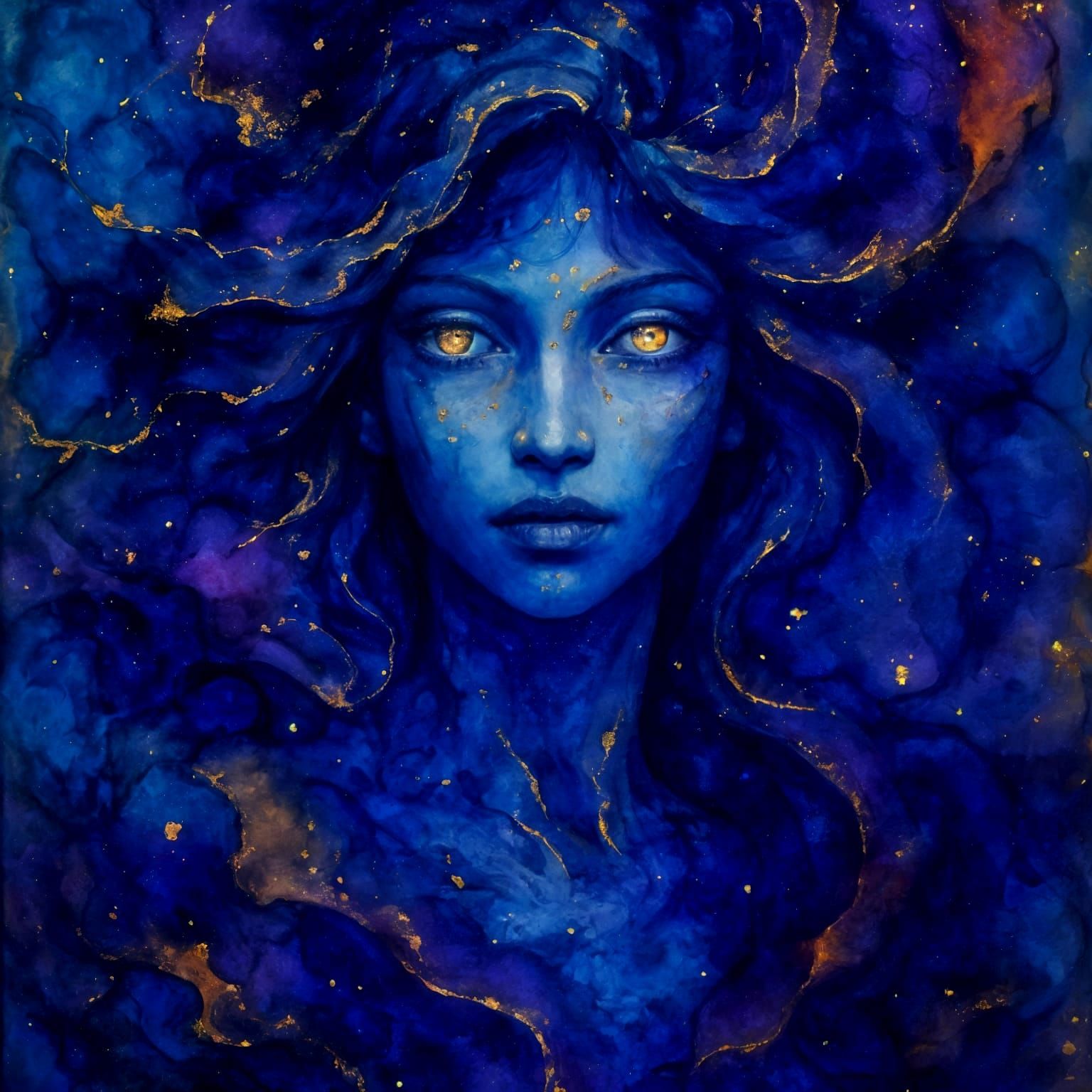 Ethereal Celestial Goddess Portrait in Alcohol Ink Style