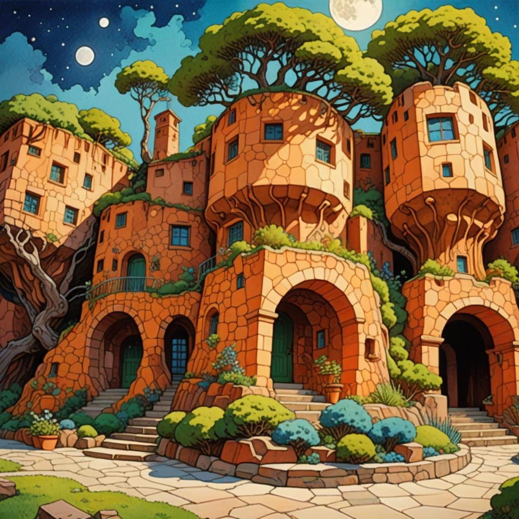 Cliff Dwellings under Moon in Watercolor Comic Style