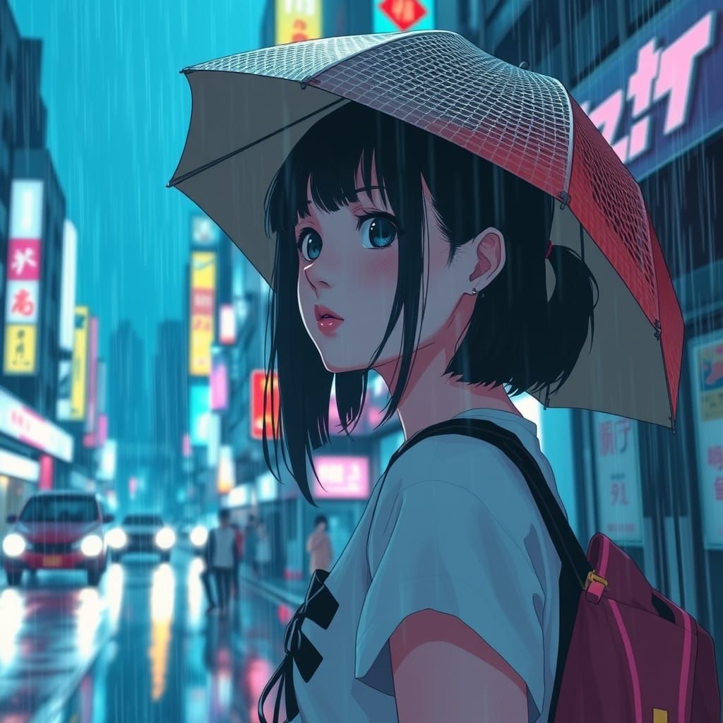 Japanese Schoolgirl in Neo Tokyo Rainstorm