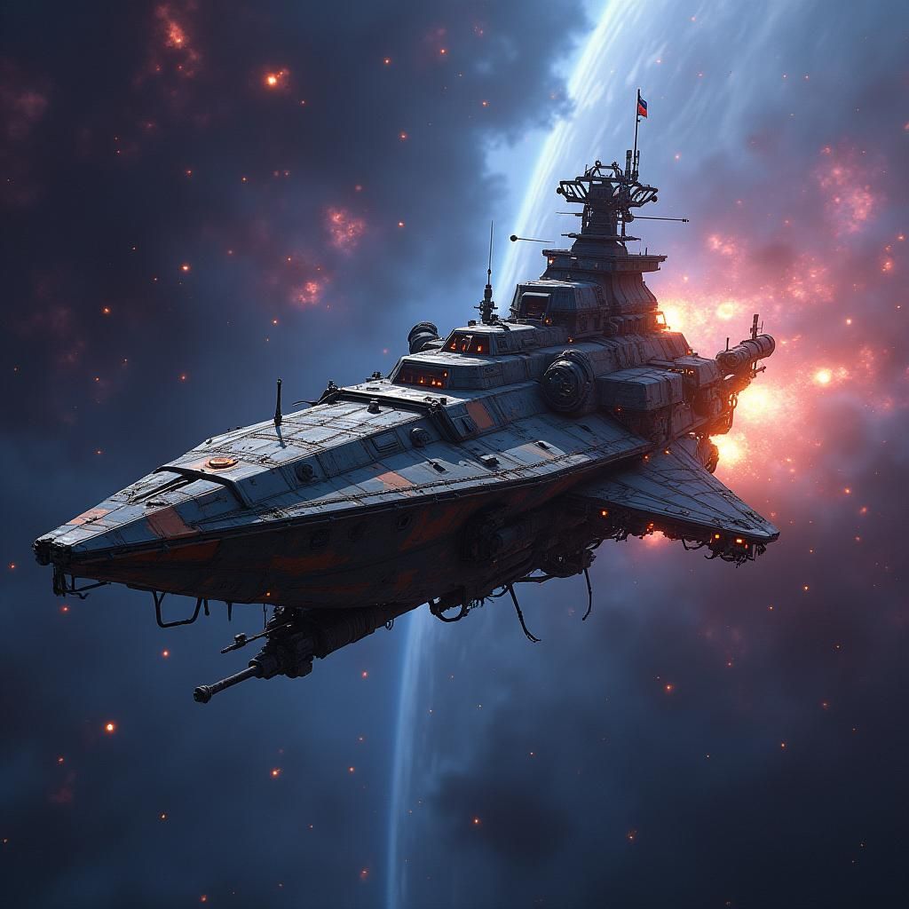 Space Pirate Ship Soaring Through Nebula