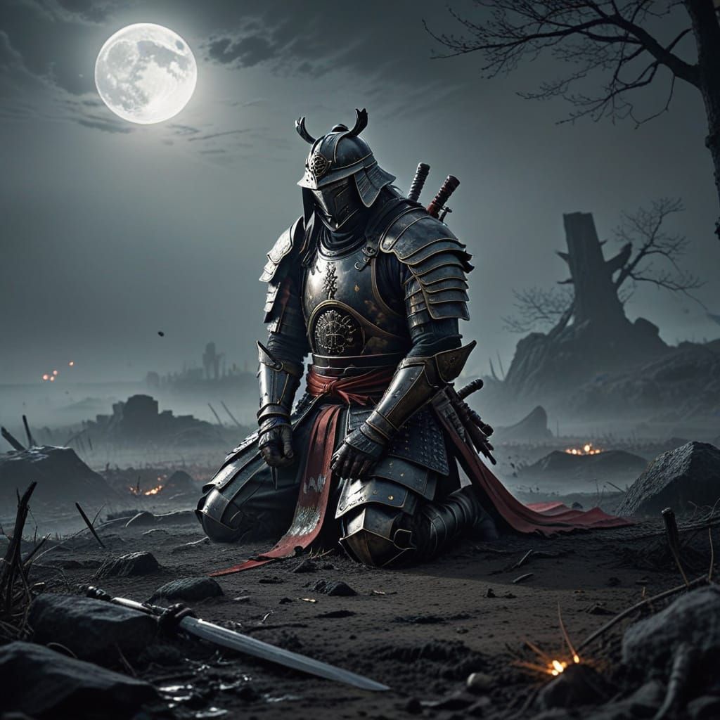 Defeated Samurai on Mist-Covered Battlefield