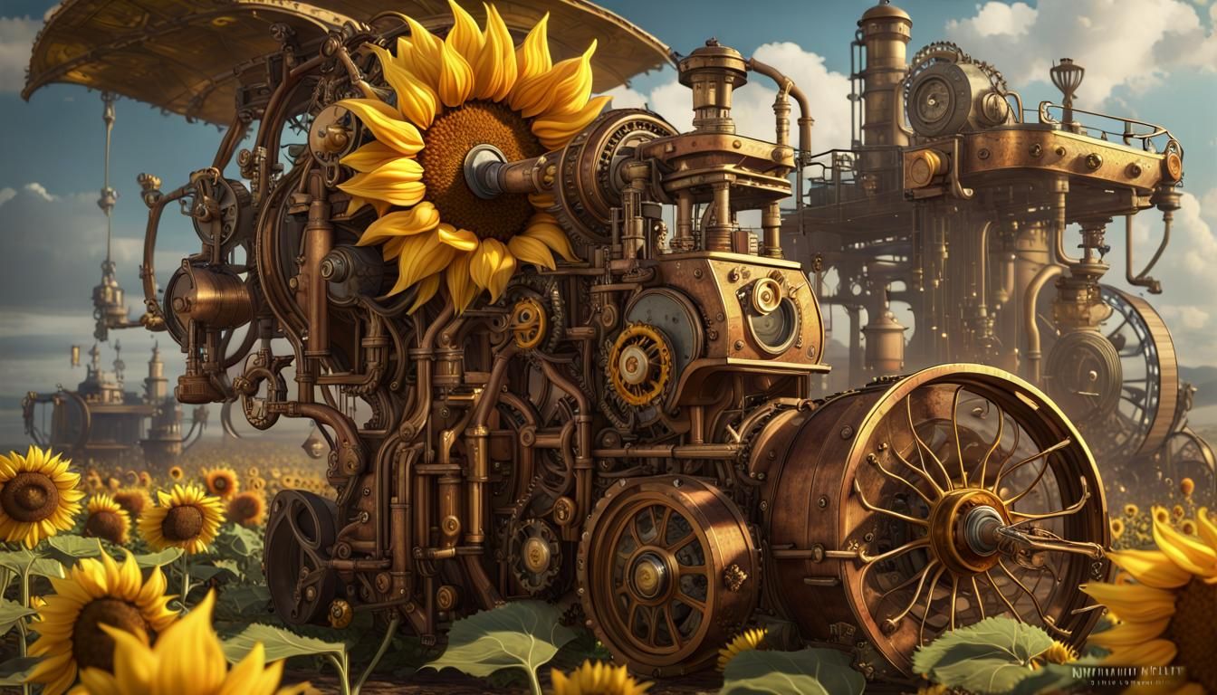 Steampunk Sunflower Harvester: Art Nouveau Fantasy