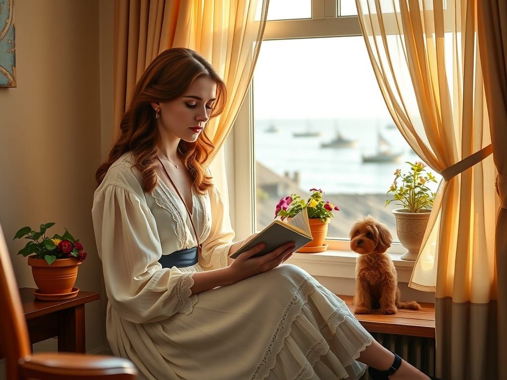 Woman Reading by Bay Window in Golden Hour Light