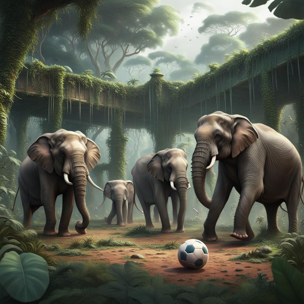 Elephants Play Soccer in Jungle: Fantasy Concept Art