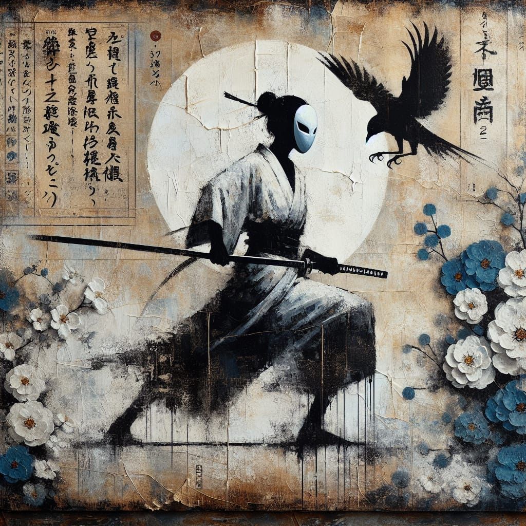 Japanese Fighter Silhouette in Expressionist Oil Painting