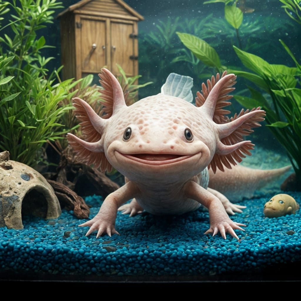 Realistic Cute Axolotl in Aquarium with Fuzzy Horns