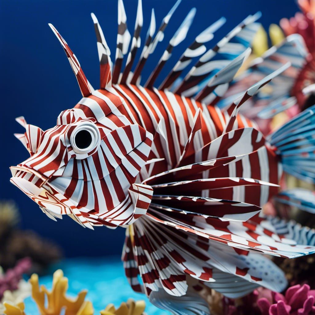 Colorful Origami Lionfish in Blue Water