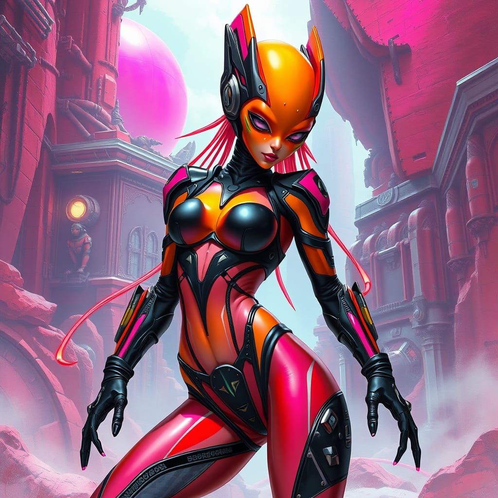 Sci-Fi Alien Mercenary in Dreamy Biomechanical Landscape