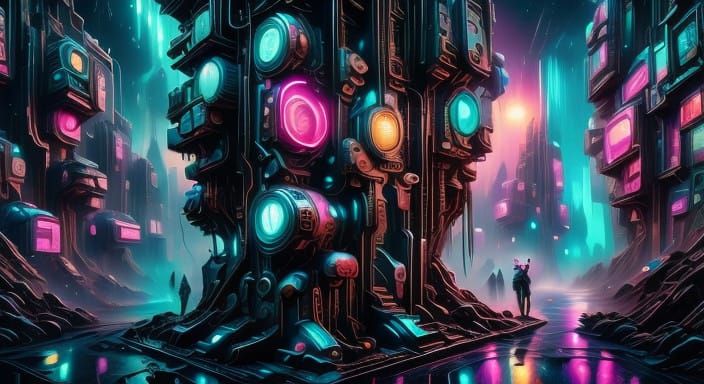 Glowing Aurora Cyberpunk Metropolis in the Fog