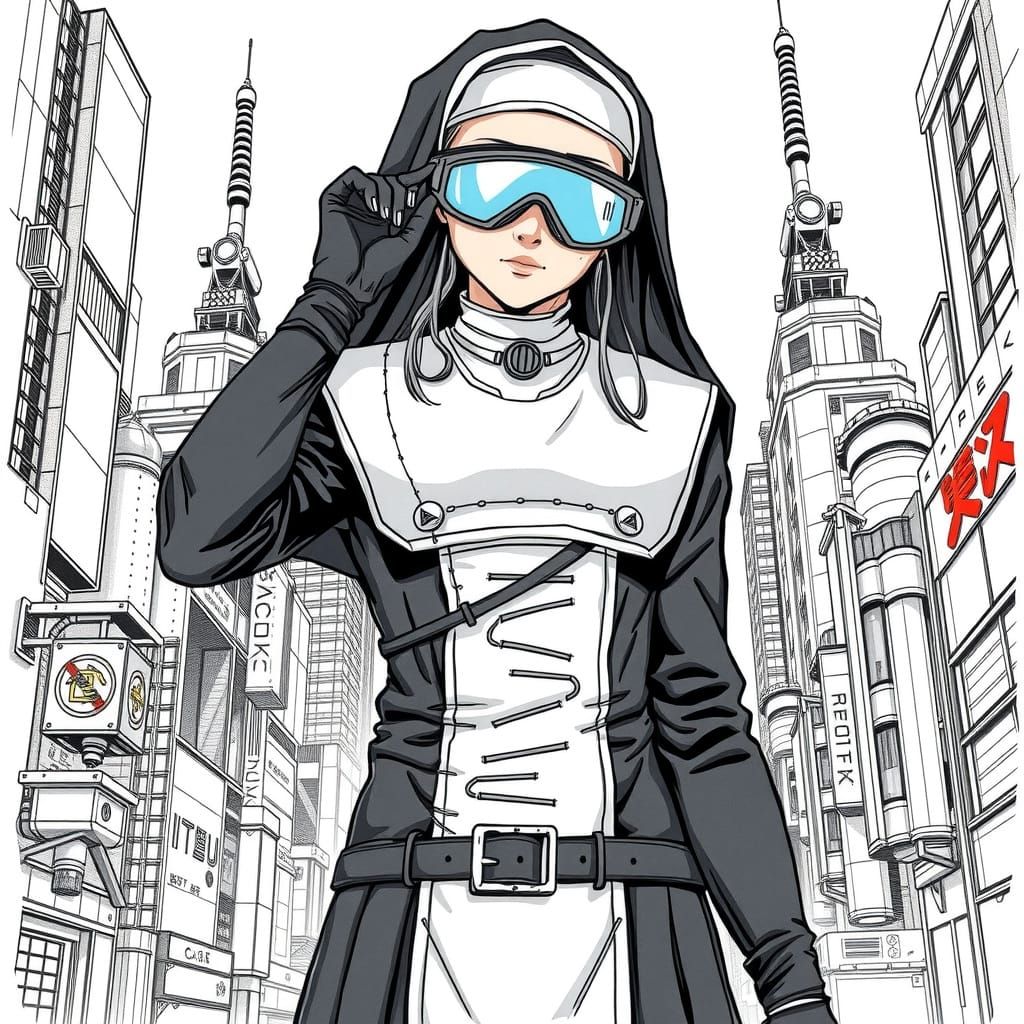 Cyberpunk Techno Nun in Manga Art Style