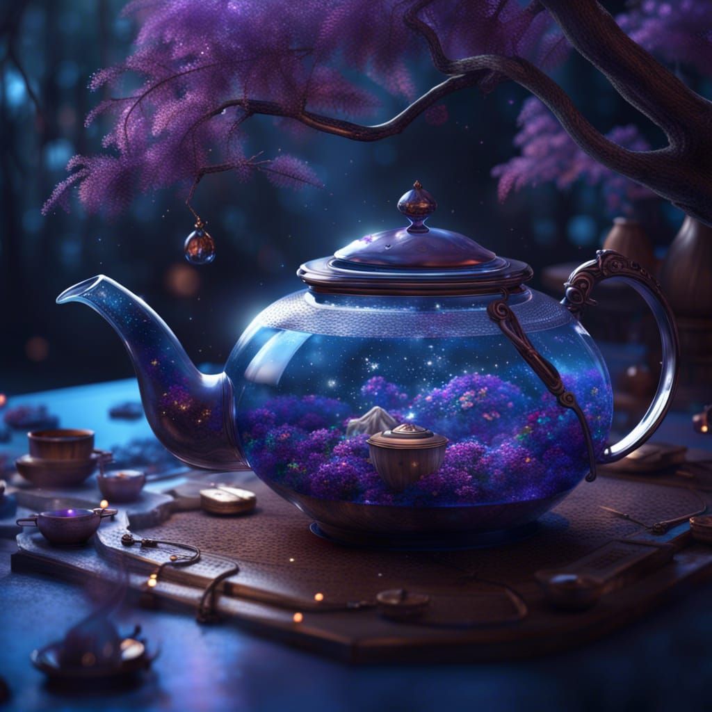 Magical Teapot with Glittering Tree: Fantasy Art