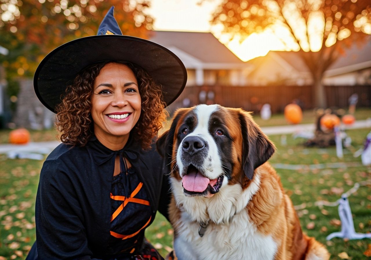 Woman in Witch Costume with Saint Bernard at Sunset