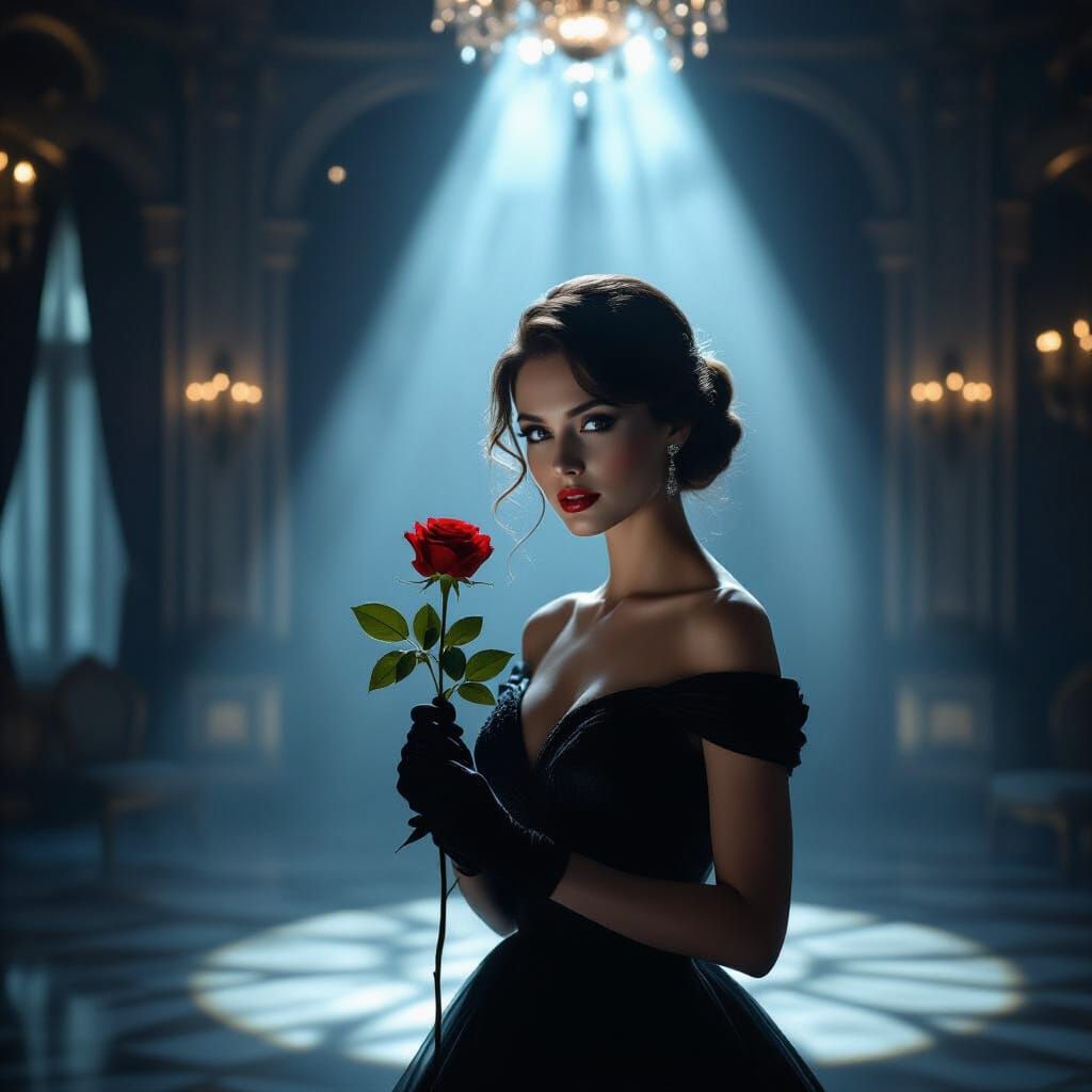 Woman in Moonlit Ballroom with Rose, Film Noir Style