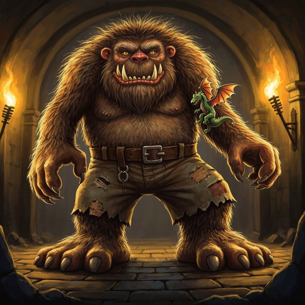 Giant Hairy Monster Holds Mini Dragon in Dungeon