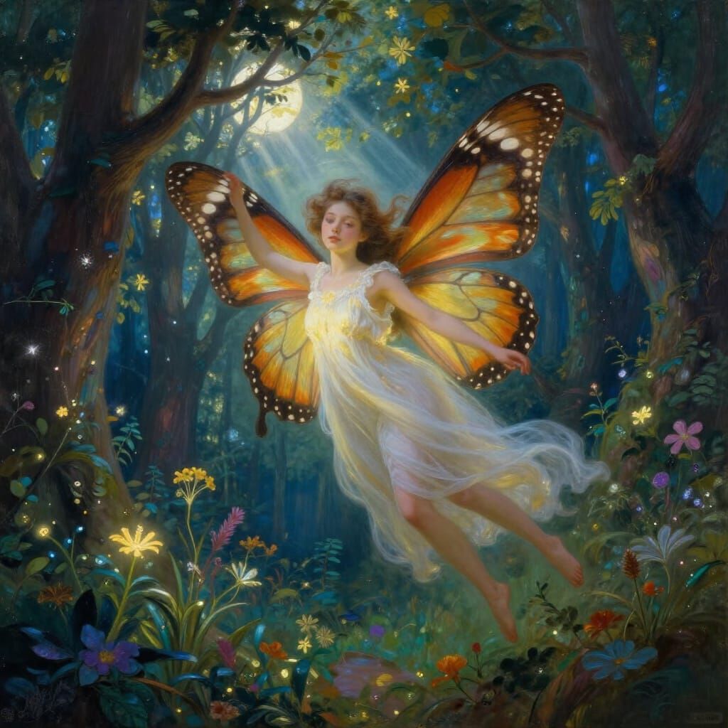 Ethereal Girl With Butterfly Wings in Enchanted Forest