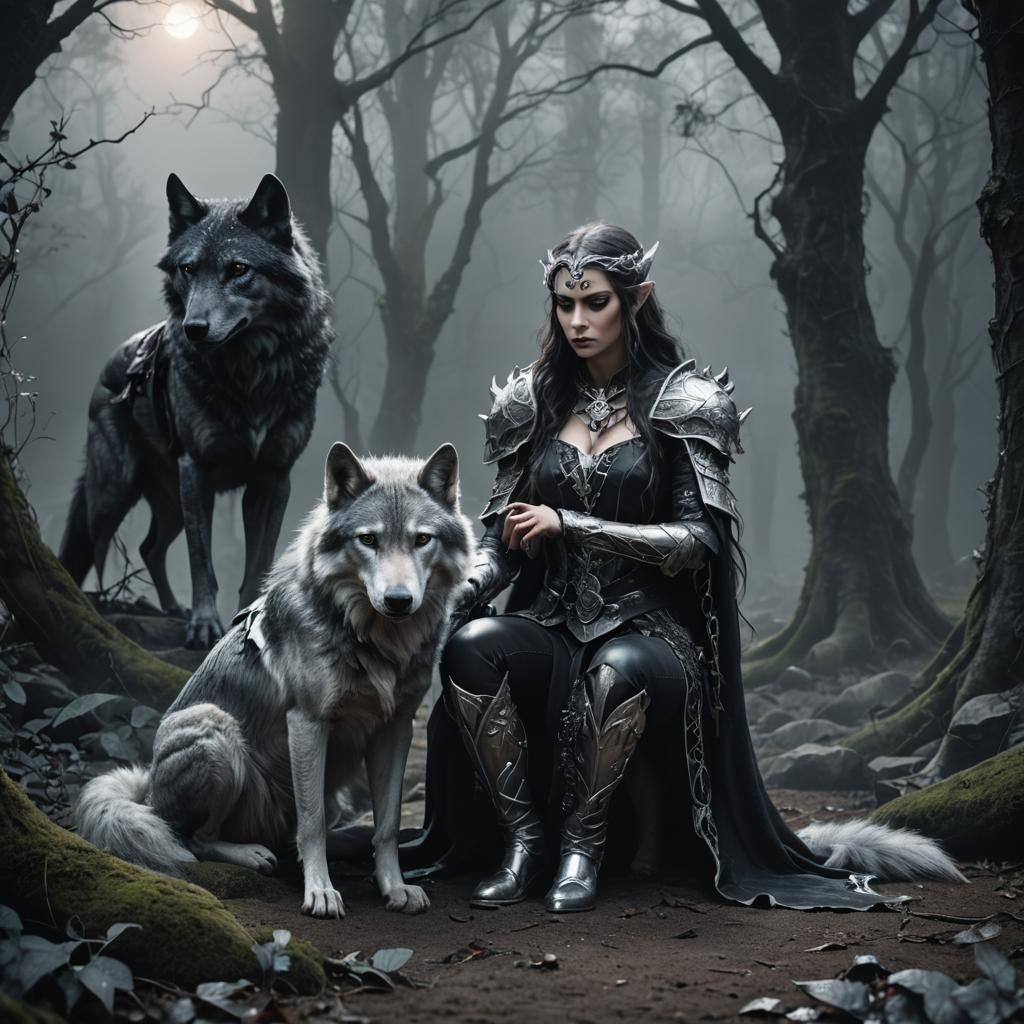 Gothic Elf Ranger and Wolf in Misty Forest