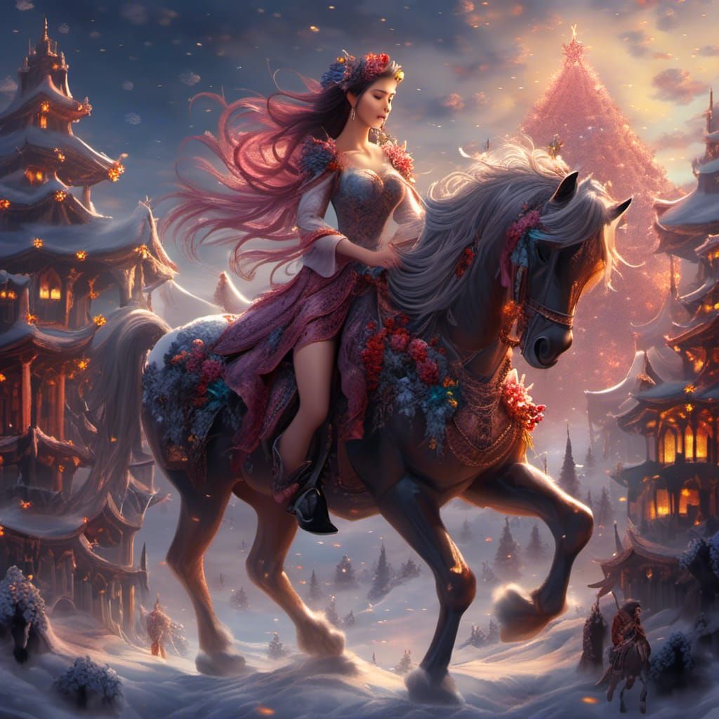 Christmas Nude Woman on Horse, Detailed Digital Painting
