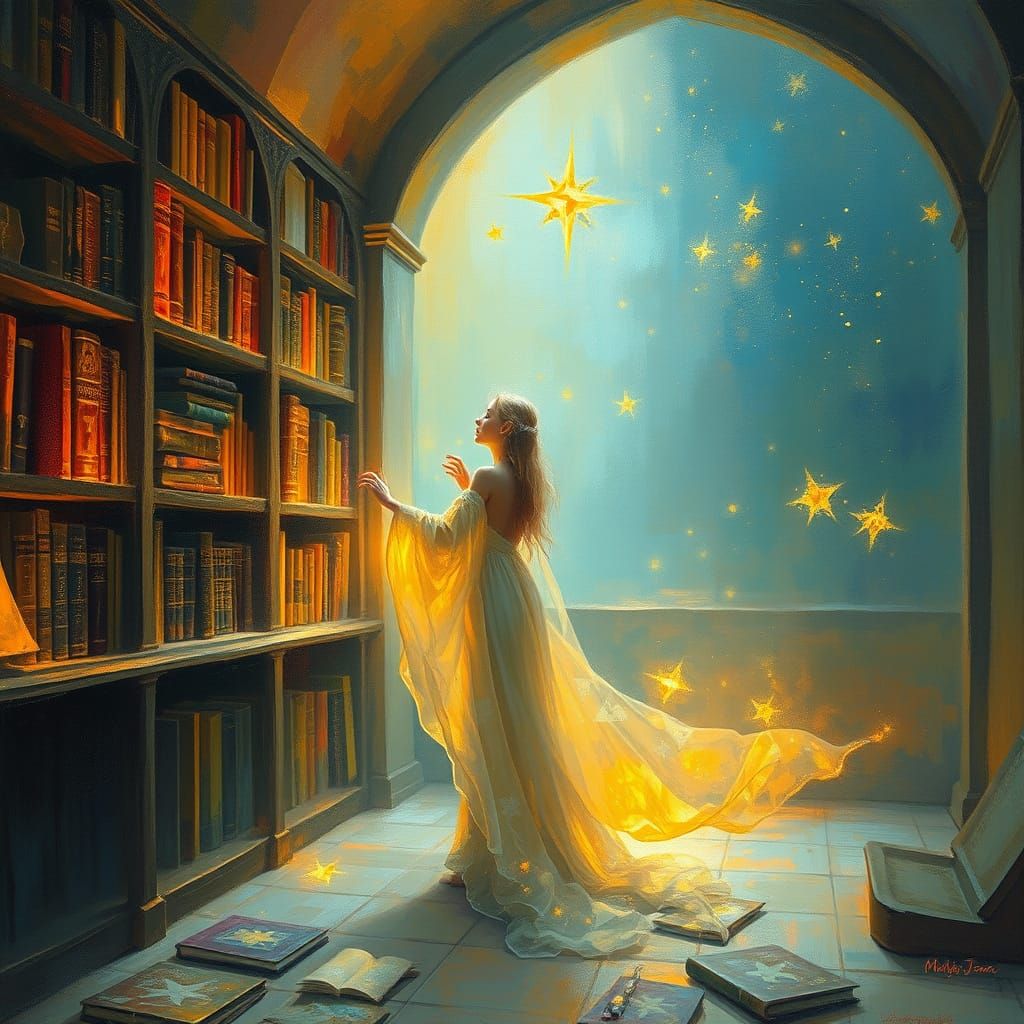 Ethereal Librarian Whispering Cosmic Secrets in Impressionis...
