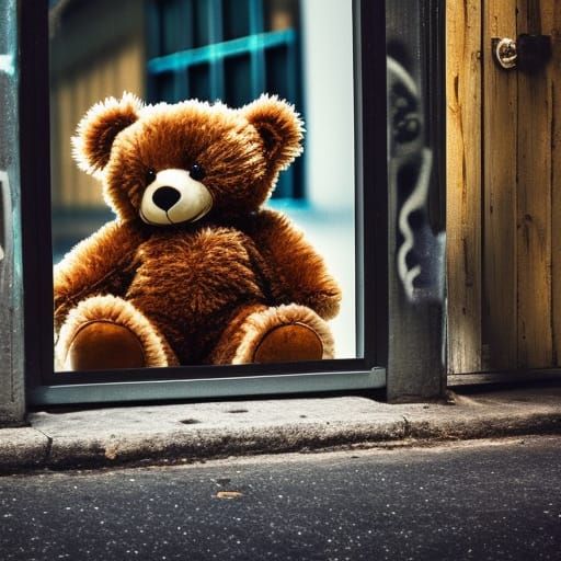 Hyperrealistic Teddy Bear in Cracked Mirror