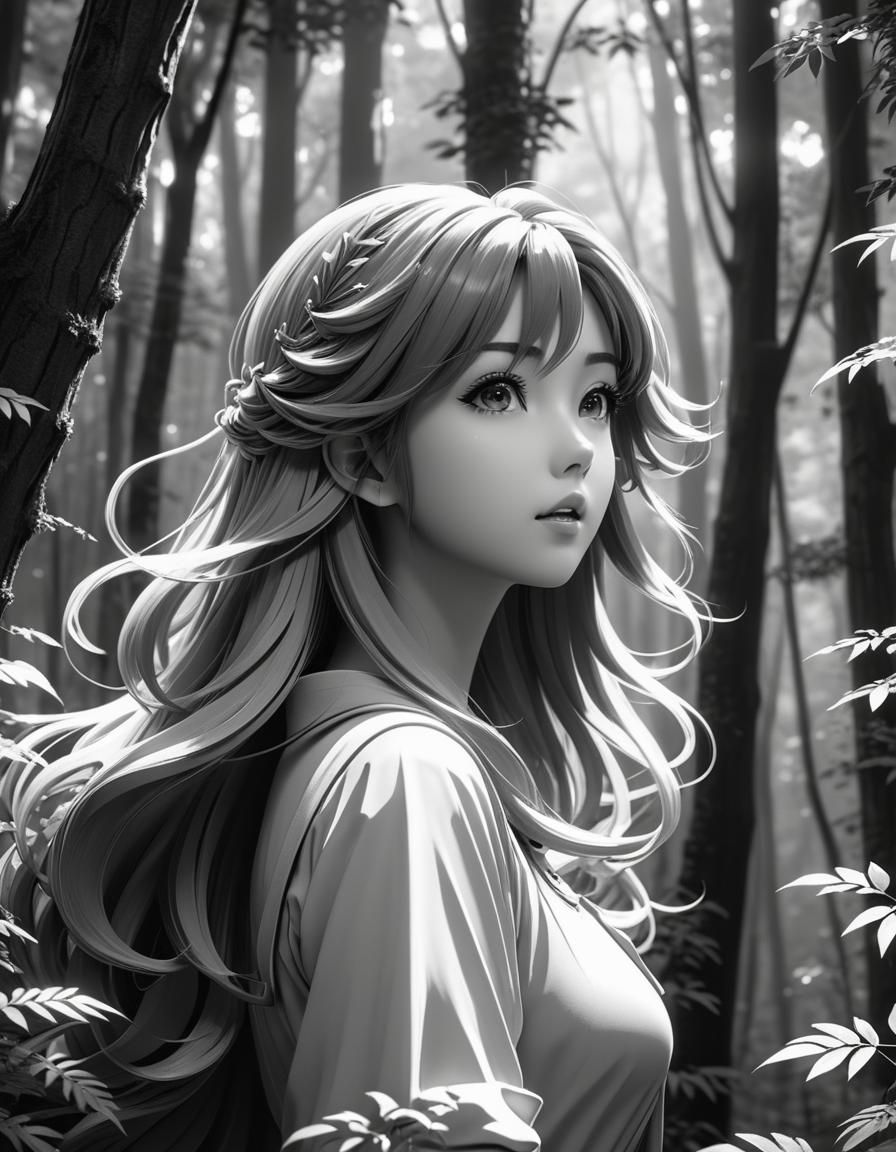 Anime Woman in Forest: 3D Digital Art