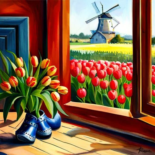 Tulips Bloom in Traditional Dutch Wooden Clogs