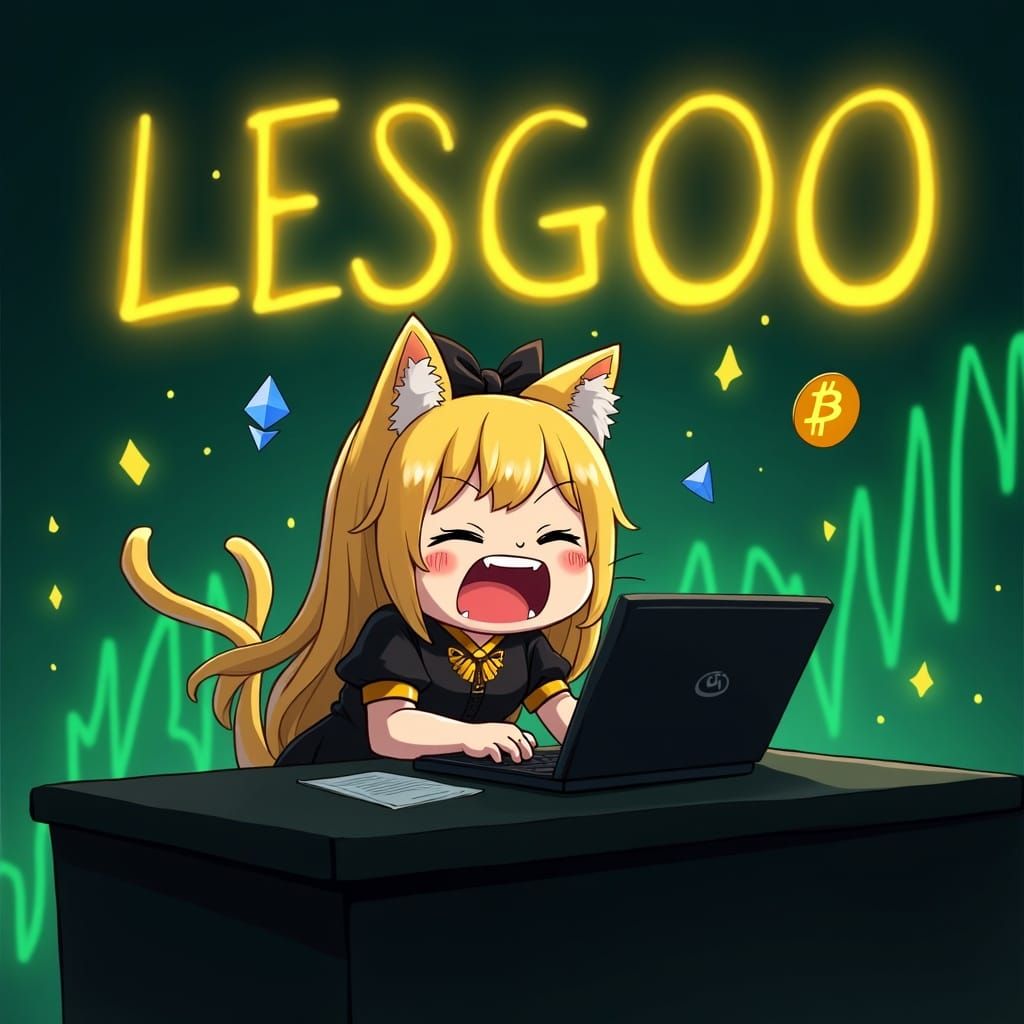 Chibi Catgirl Joyfully Trades Crypto in Neon Synthwave Style