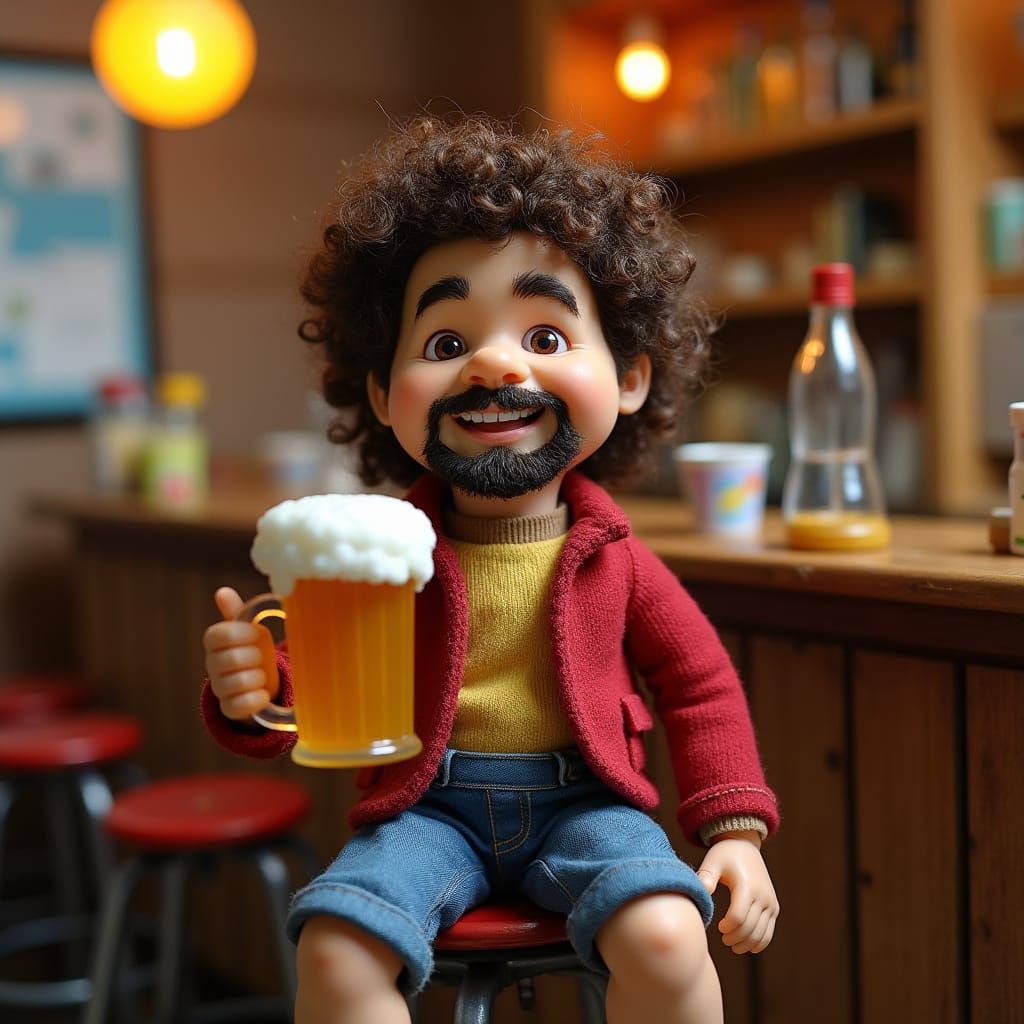 Mixed media. A doll of Norm Peterson (George Wendt) from "Cheers," curly brunette hair, sitting on a barstool on a plays...