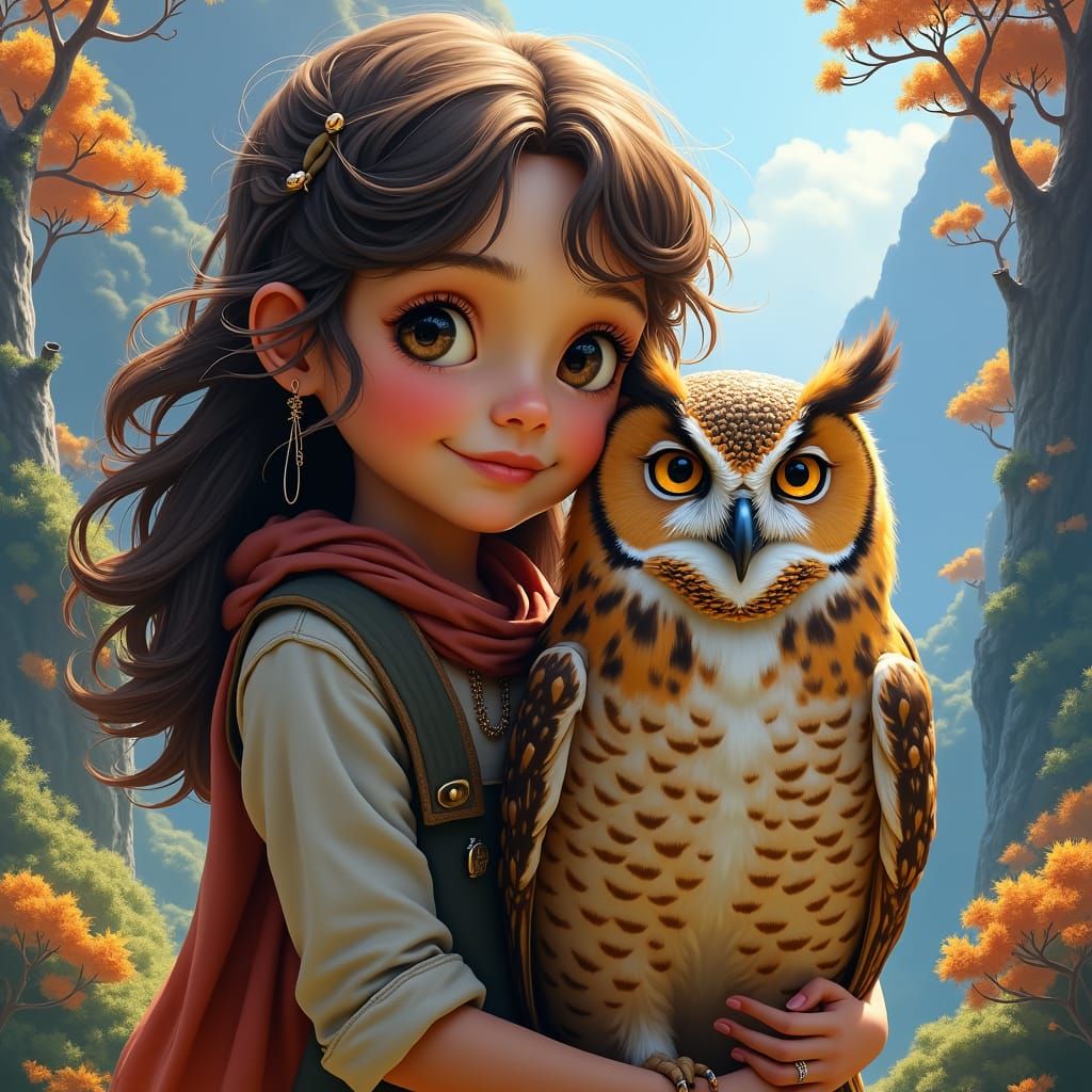 Girl with Owl in Fantasy Landscape