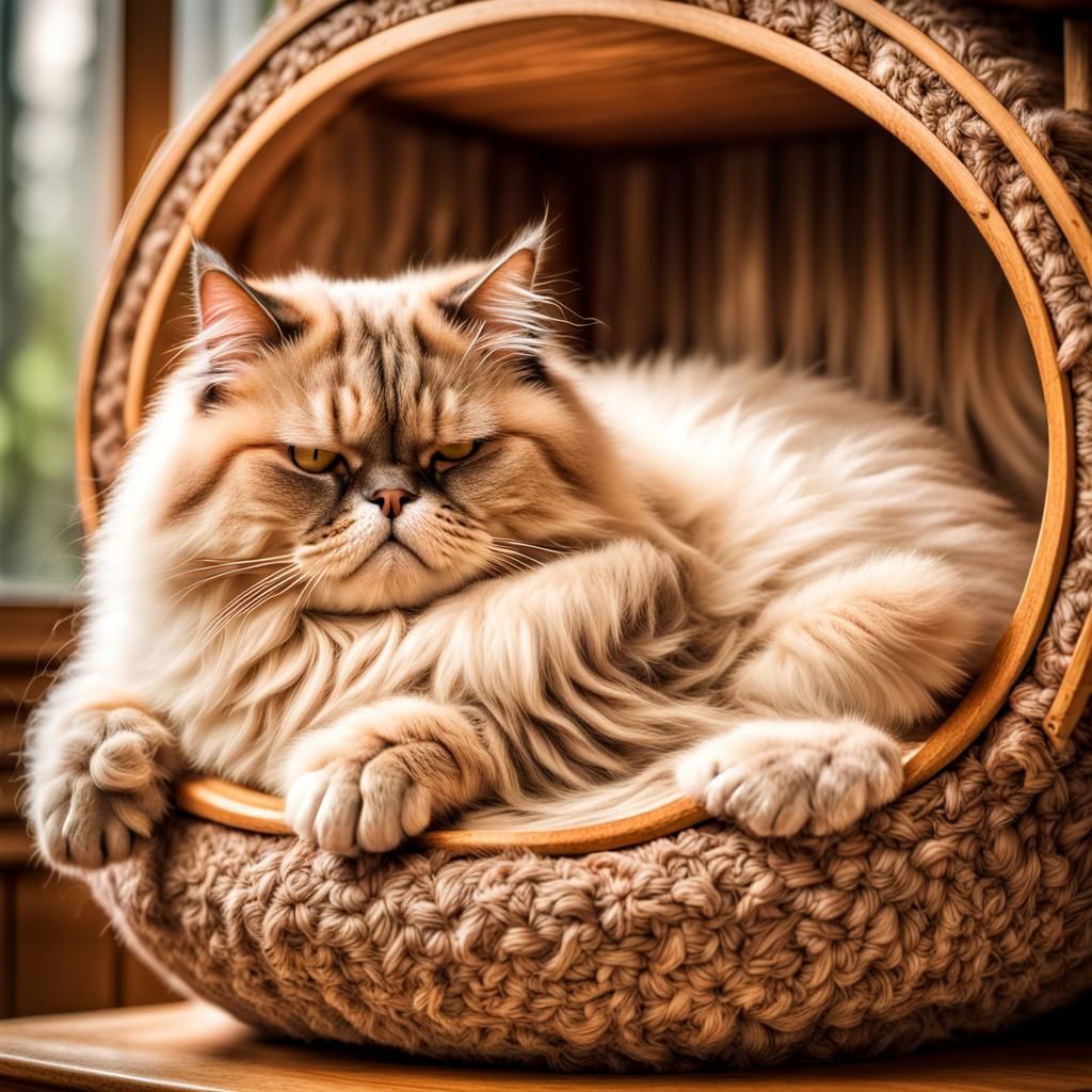 Hyperrealistic Persian Cat Sleeping in Cat Tree