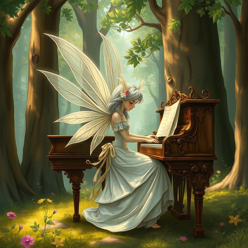 Whimsical Fairy Plays Piano in Lush Forest
