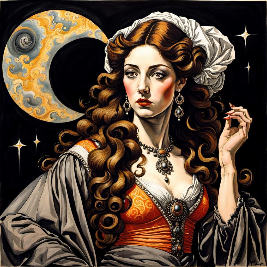 Mystical Fortune Teller: A Renaissance-Inspired Ink Painting
