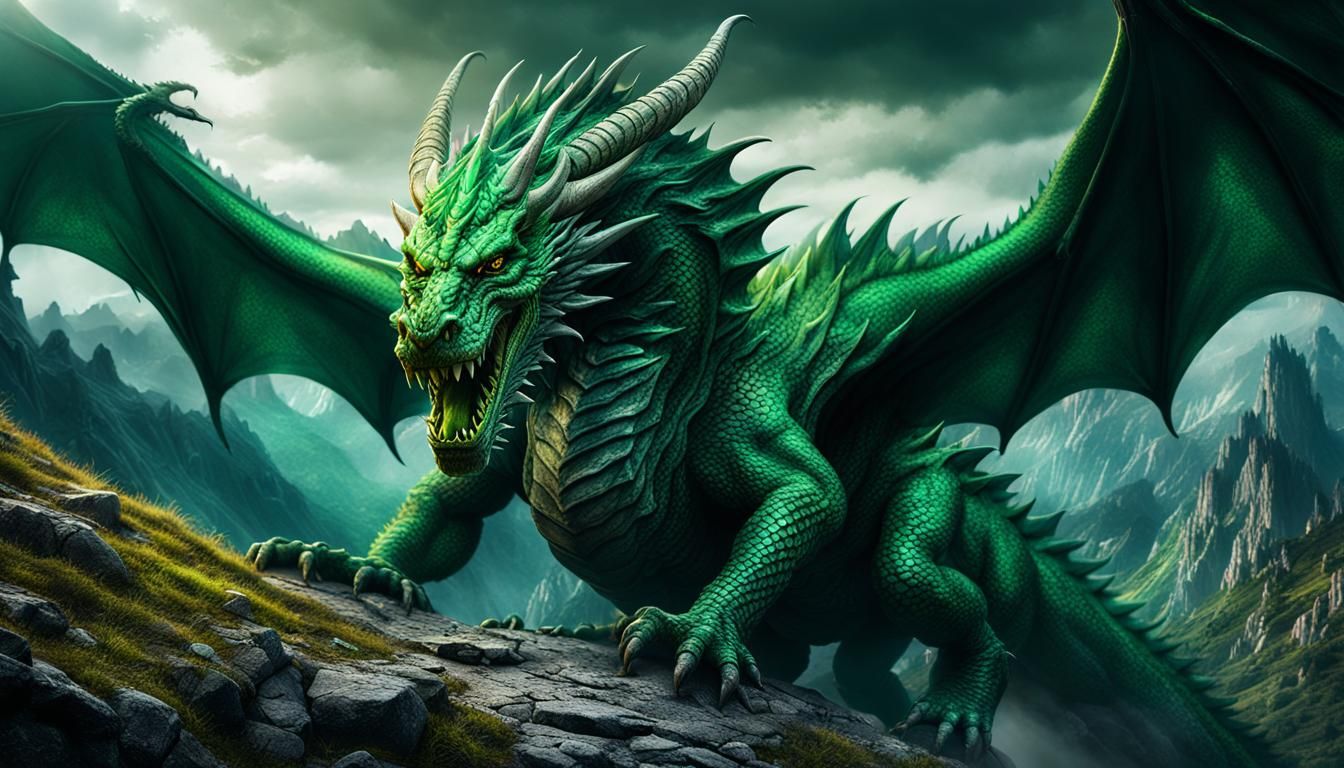 Hyperrealistic Green Dragon on Mountain, Fantasy Art
