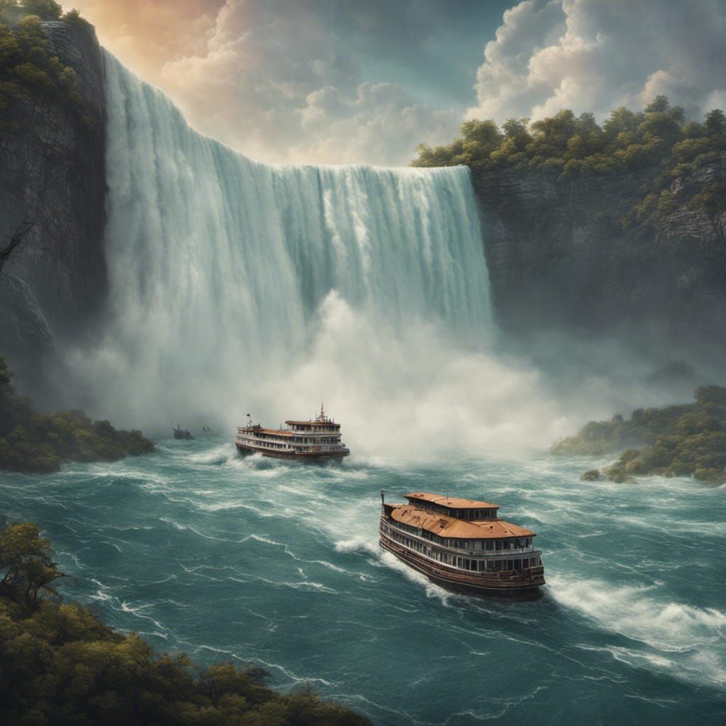 Depict the roaring Niagara Falls stilled by an unknown catastrophe, with empty tour boats stranded on the calm waters be...