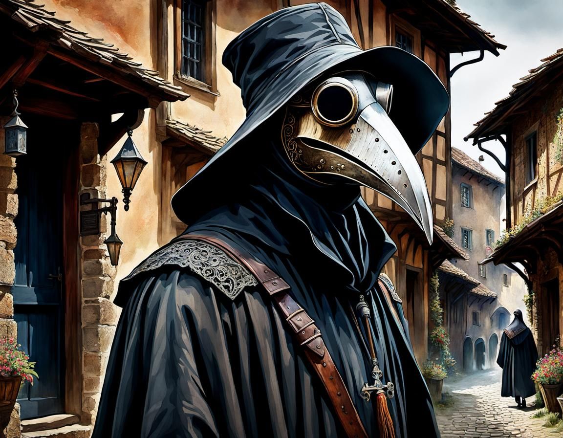 Grim Plague Doctor Portrait in Stylized Watercolor Art