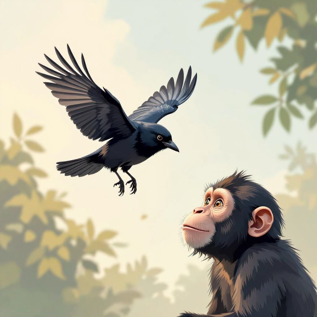 Crow Lands Near Monkey: Digital Watercolor Art