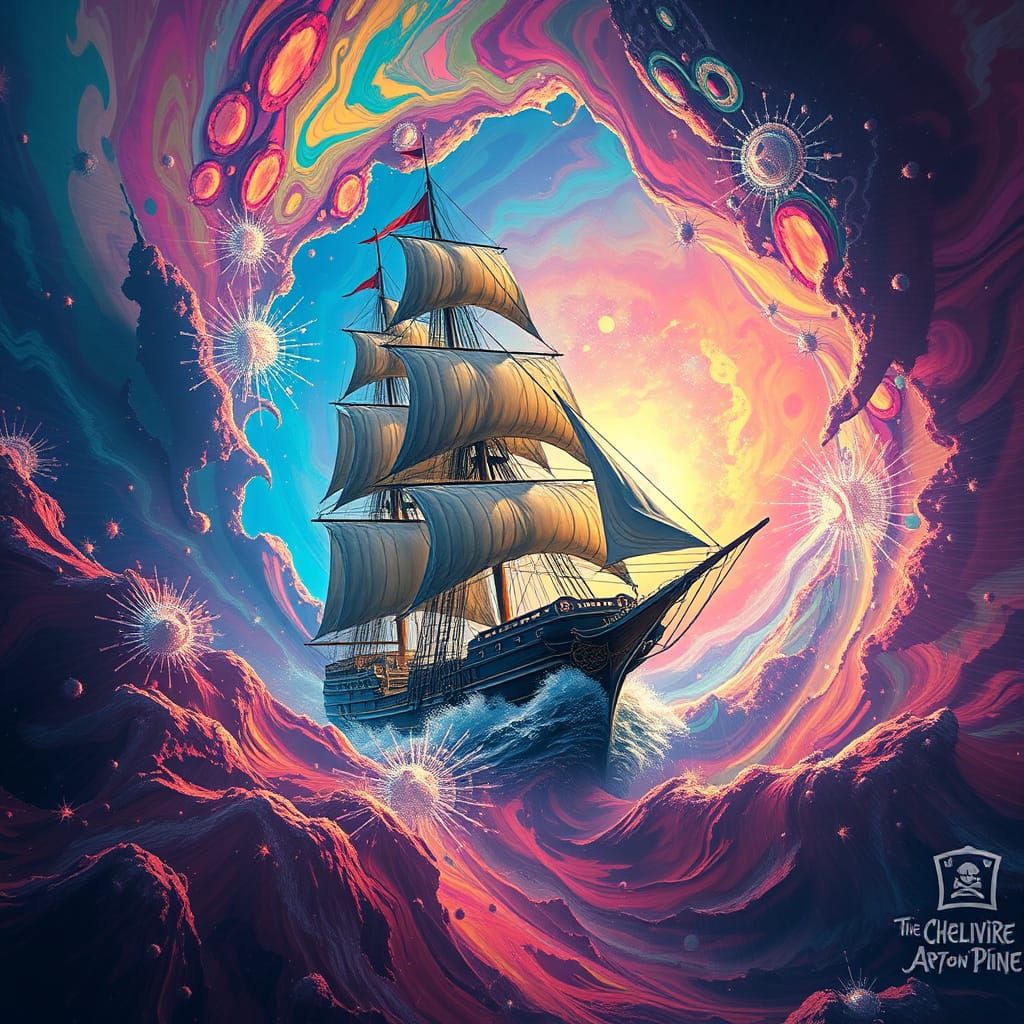 Psychedelic Tudor Ship in Swirling Vortex