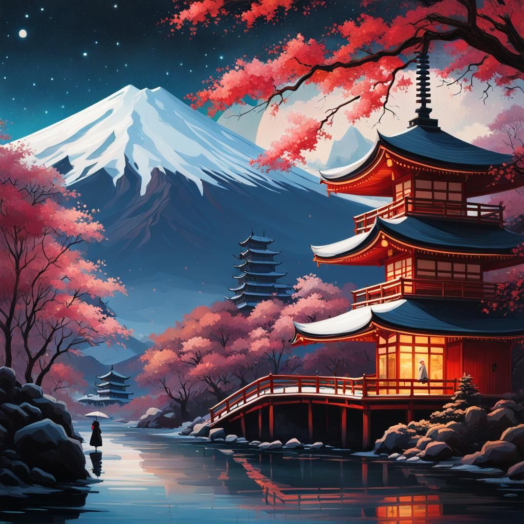 Winter Pagoda Scene with Geisha, Hyperrealistic Art