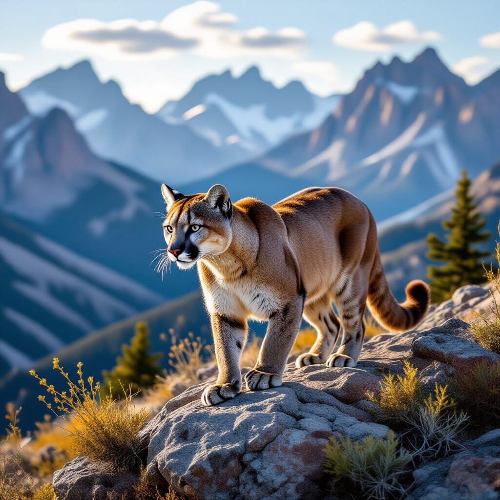 Hyperrealistic Puma Surveys Mountain Domain
