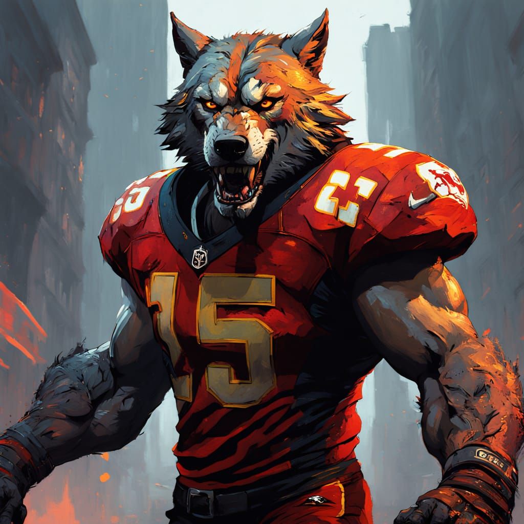Fierce Wolf in Kansas City Chiefs Uniform, Dark Fantasy Styl...