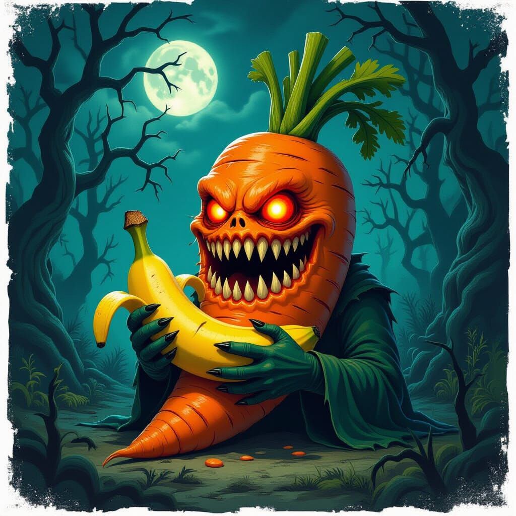 Monstrous Carrot Clutches Banana in Dark Forest