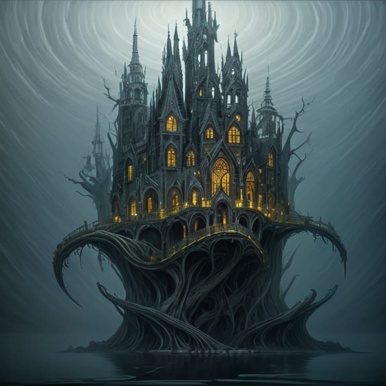 Surreal Gothic Castle Painting in Dreamlike Landscape