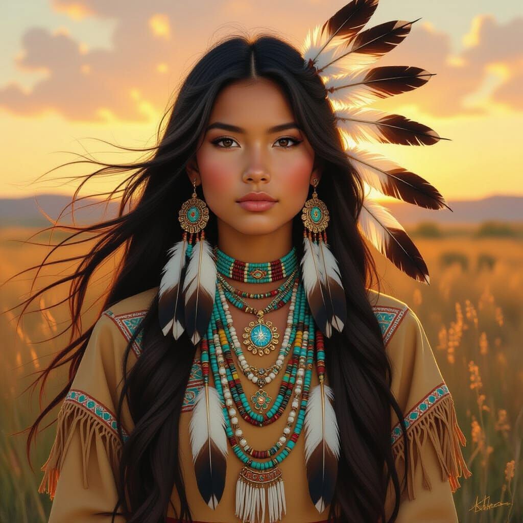 Native American Girl in Traditional Dress: Oil Painting