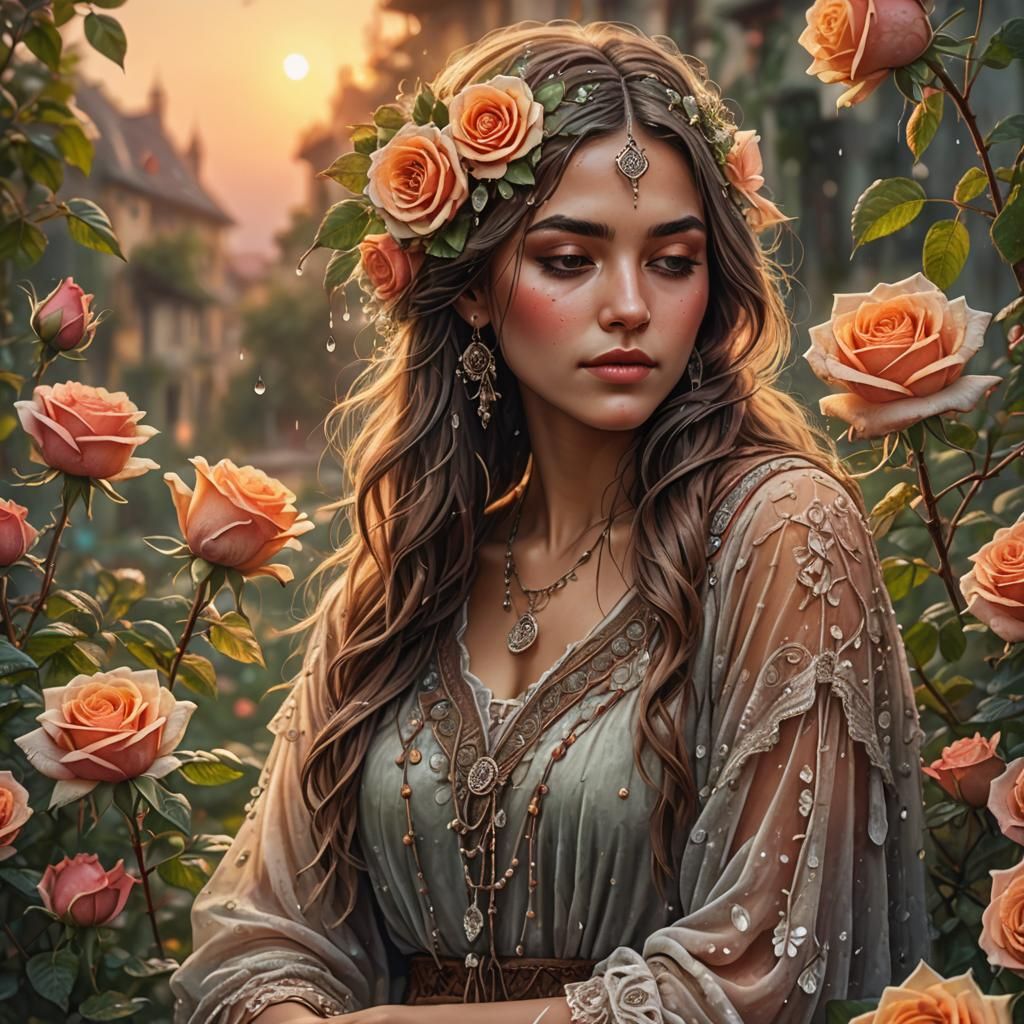 Bohemian Woman among Dew-Kissed Roses at Sunrise