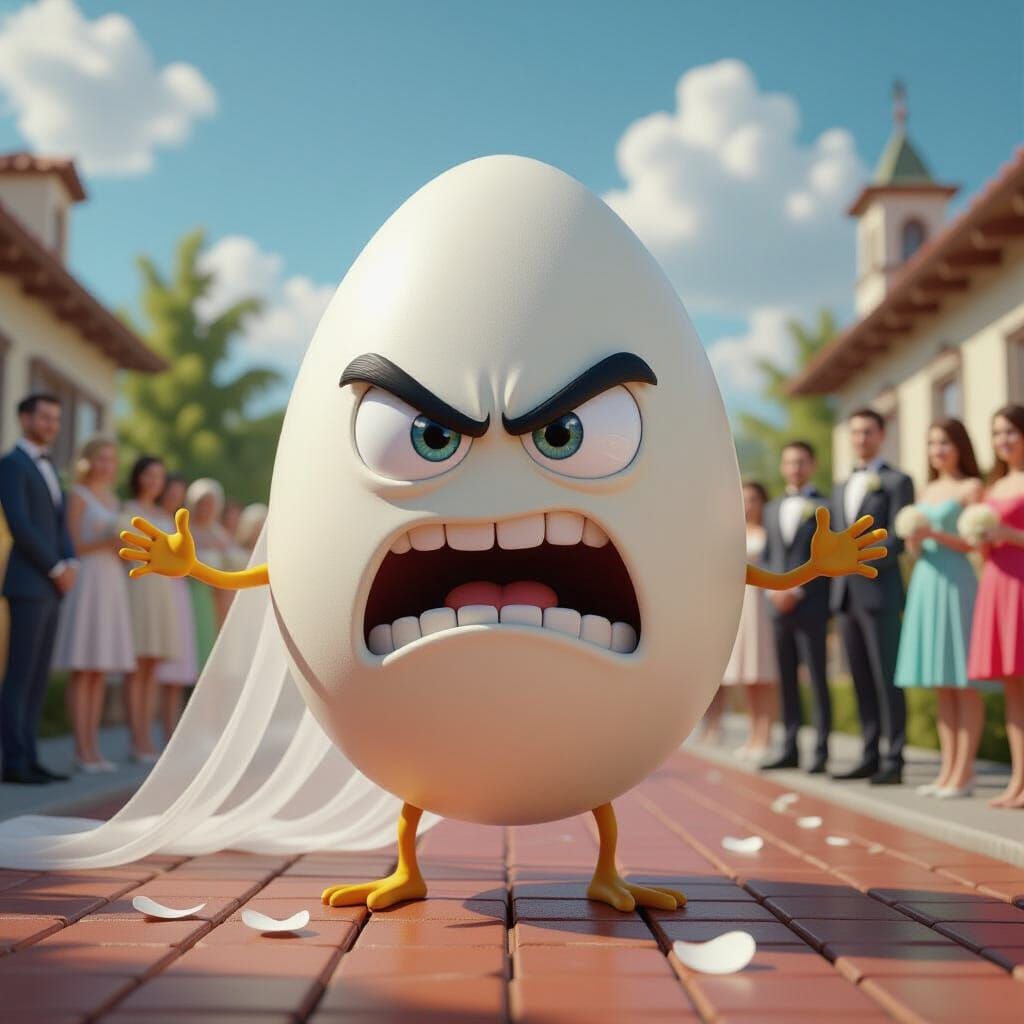 Angry Egg Photobombs Wedding Photo in Detailed Matte Paintin...
