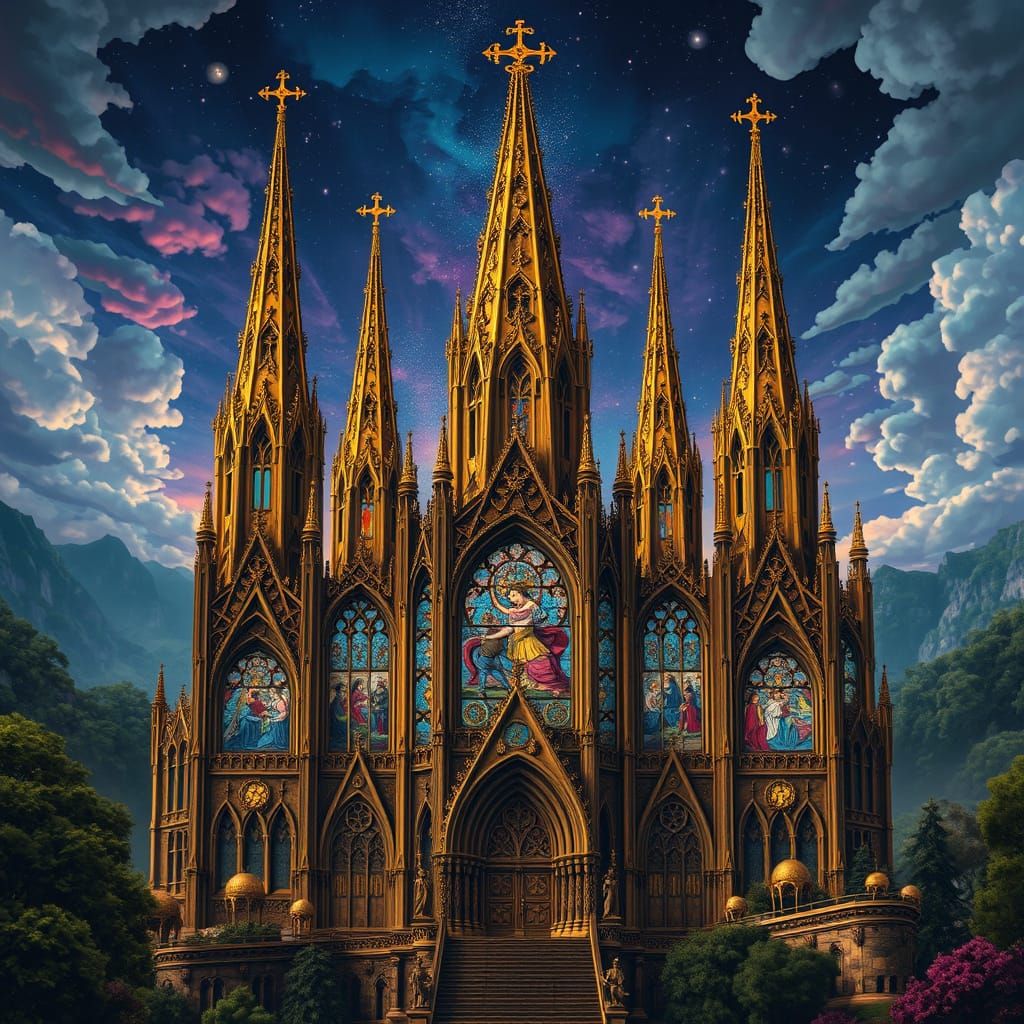 Steampunk Cathedral with Intricate Gears in Art Nouveau Styl...