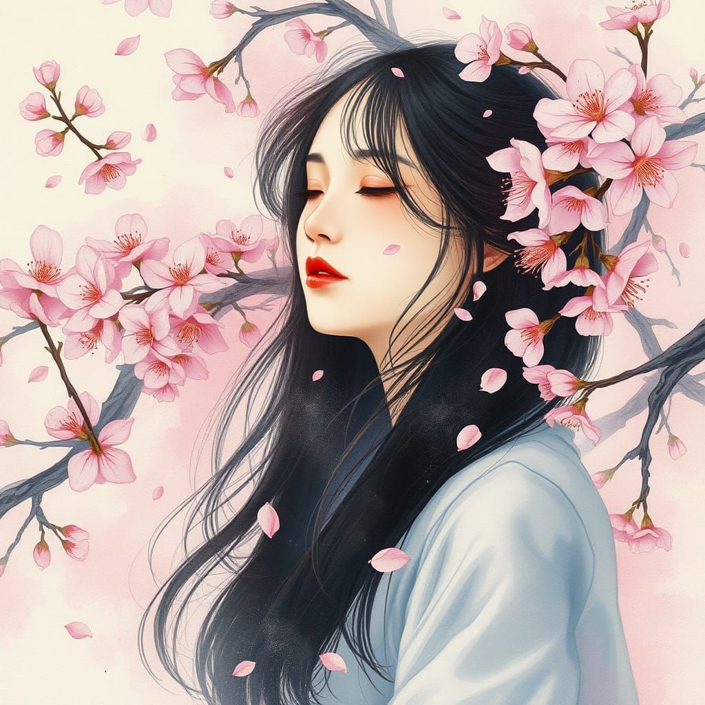 Serene Woman Lost in Cherry Blossom Dream