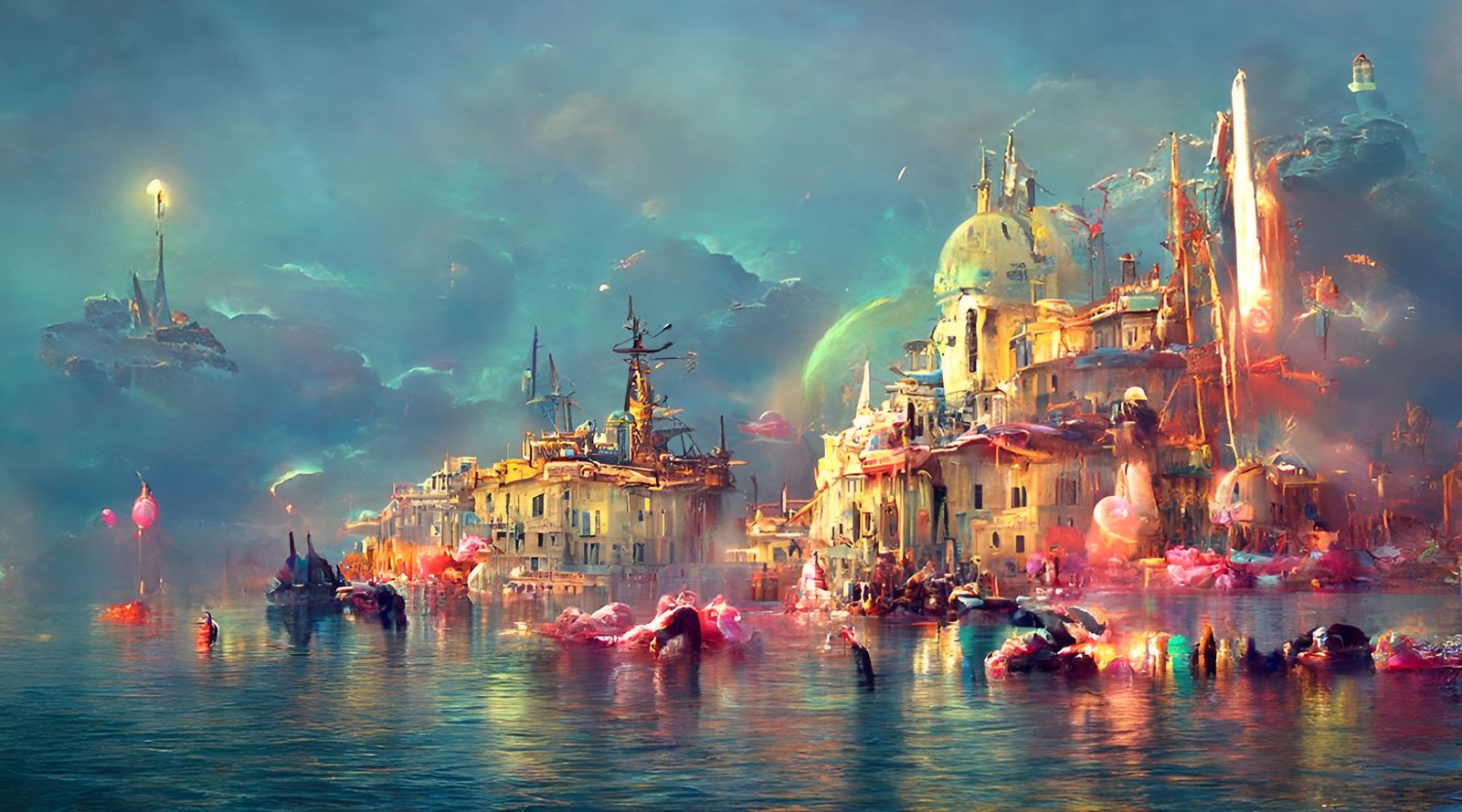 Italian Coastal City Floating in Ocean at Dusk